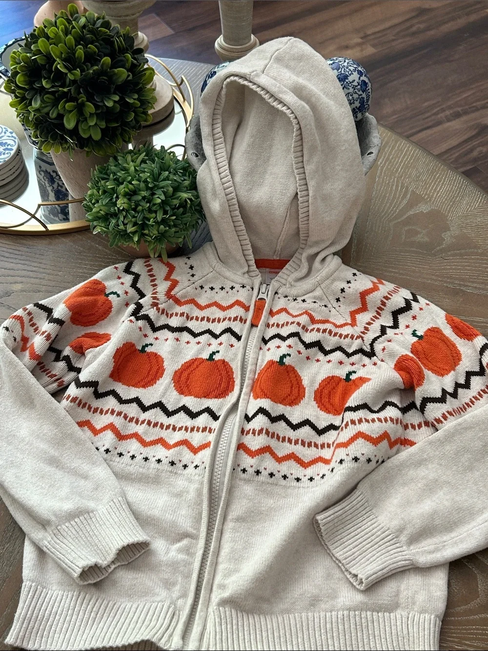 Gymboree Fall Harvest Pumpkin Cream Hooded Zip Cardigan Sweater